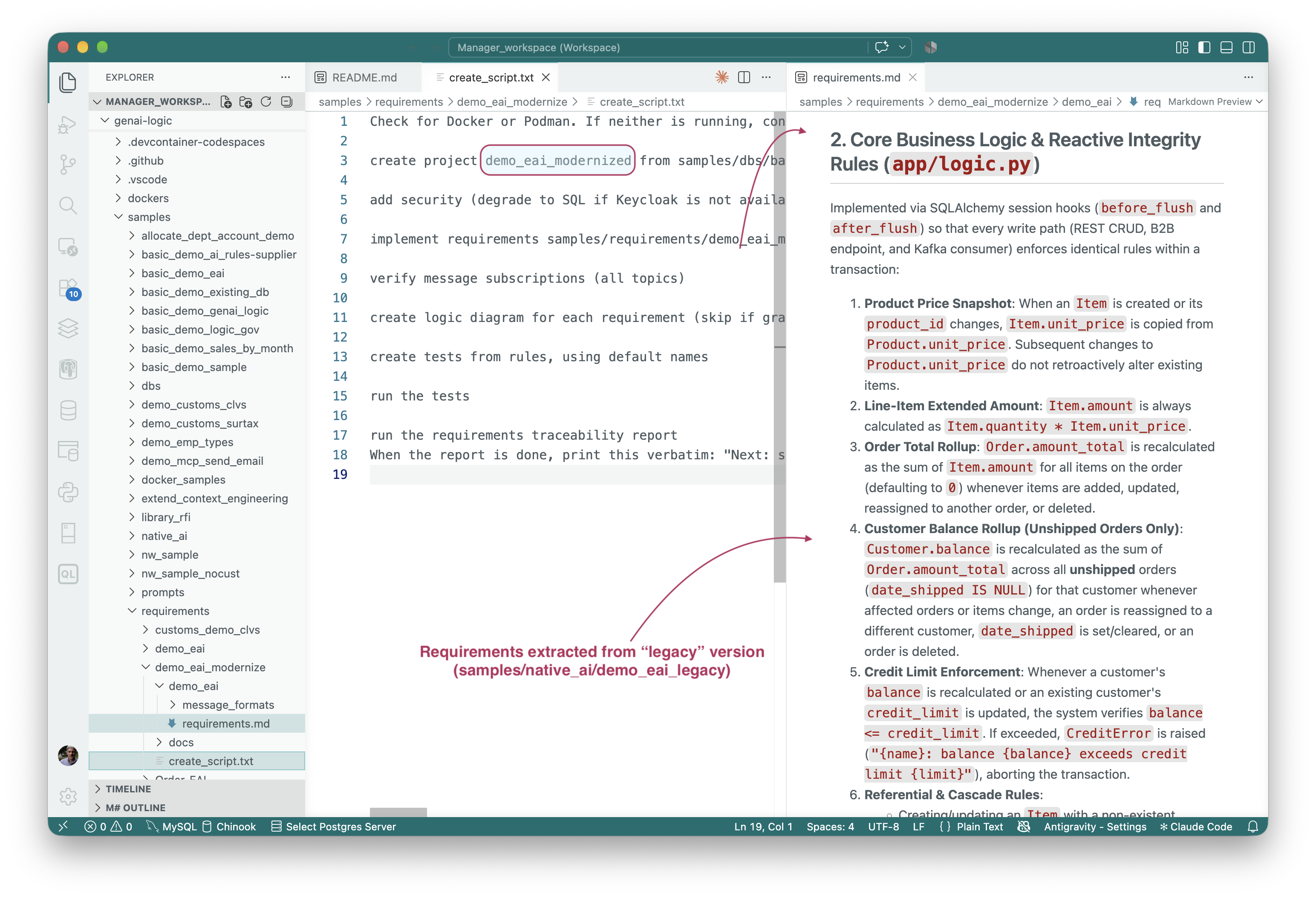 The creation script and the requirements recovered from the legacy code