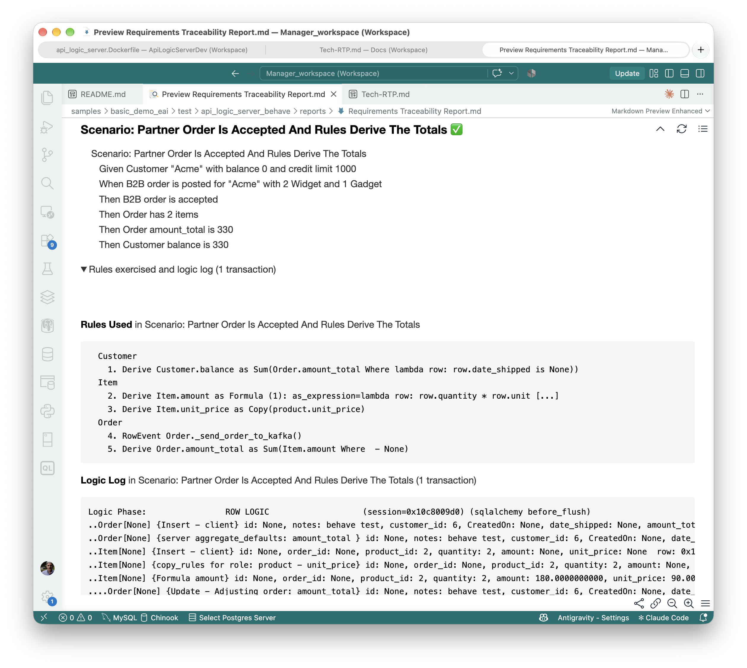 Test execution with logic log