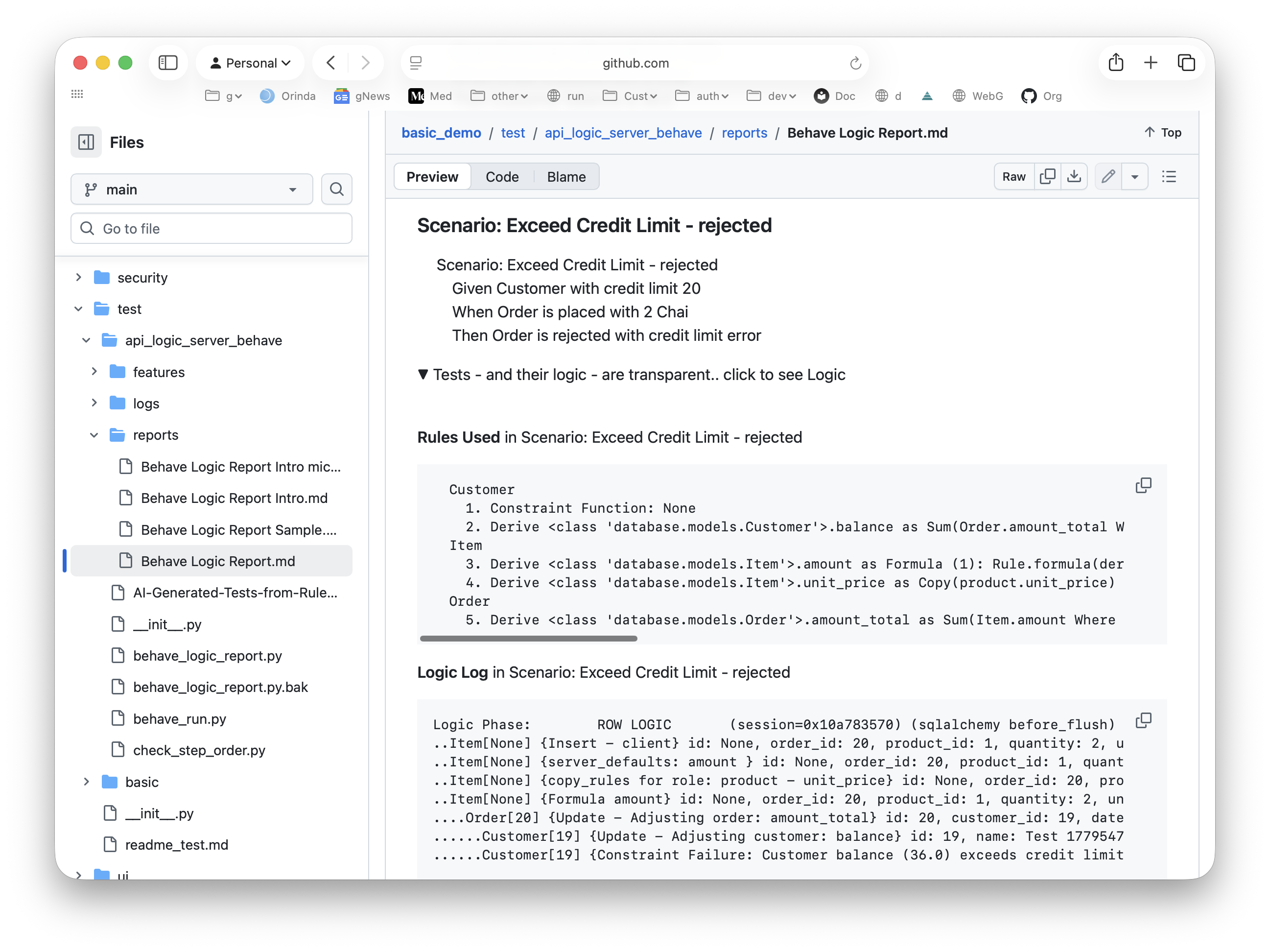 Logic Report — auto-generated per scenario. Gherkin at top, rules used, execution log showing the constraint failure that rejected the transaction.