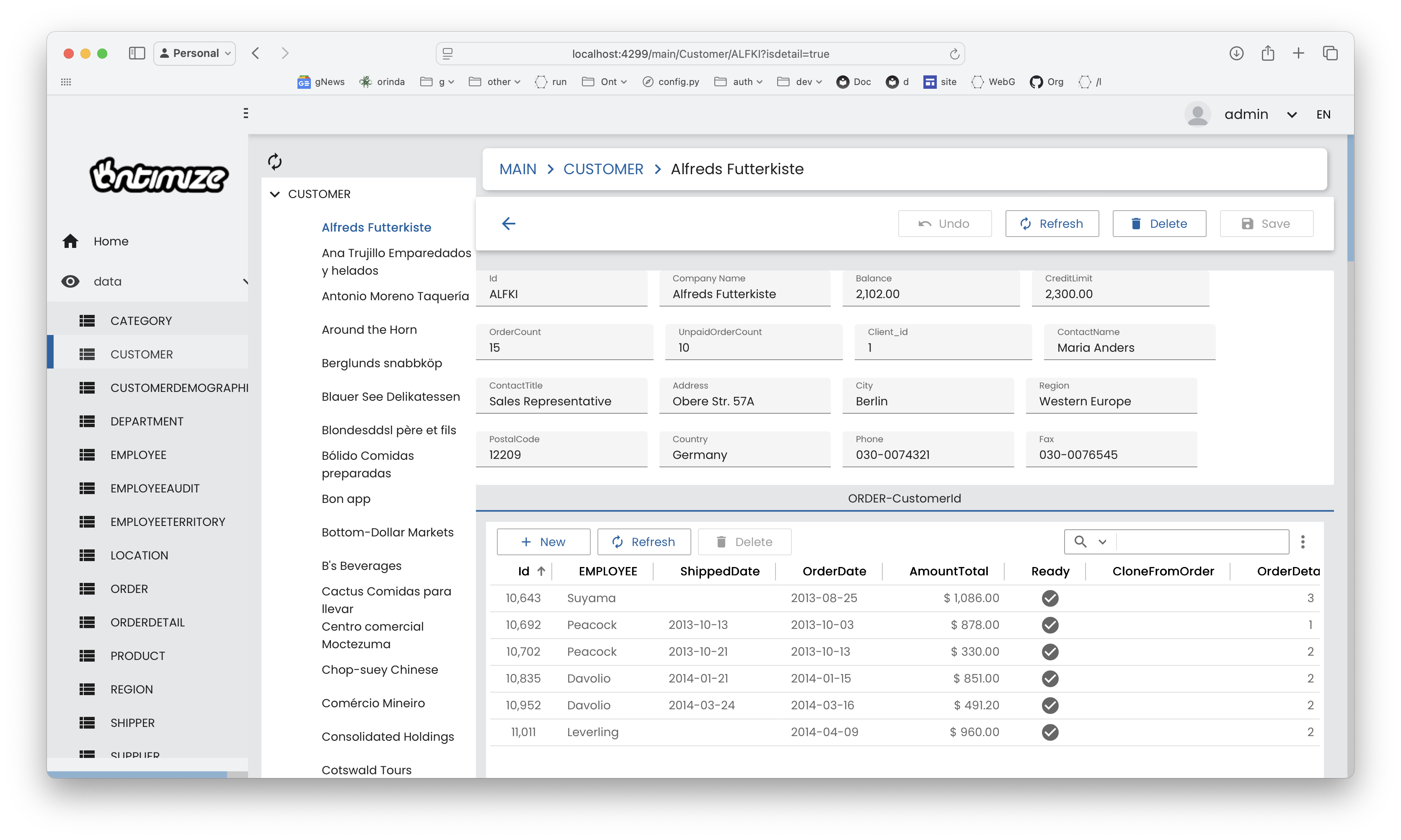 Ontimize Customer List